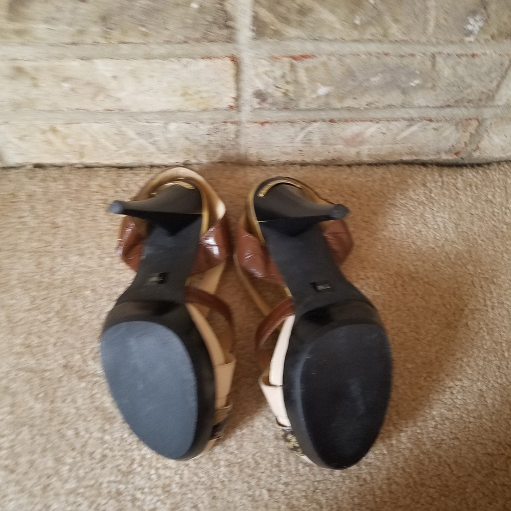 AUTHENTIC Michael Kors Beige Snakeskin Brown Black Leather Platform Sandals - Picture 9 of 11